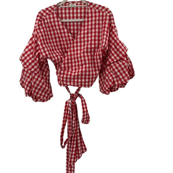 Roma Rosa red white gingham wrap cropped puff sleeves - Picture 4 of 6